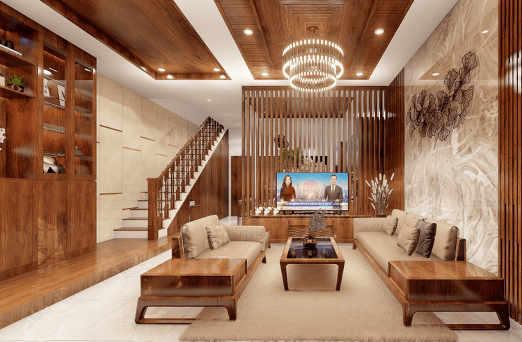 Phòng khách đẹp hiện đại đơn giản phối chất liệu gỗ - 3